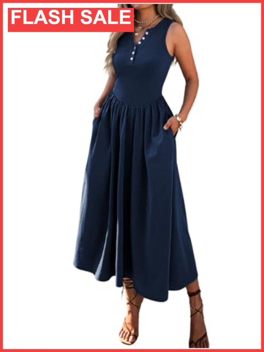 Sleeveless Knitted V Neck Maxi Dress with Pockets